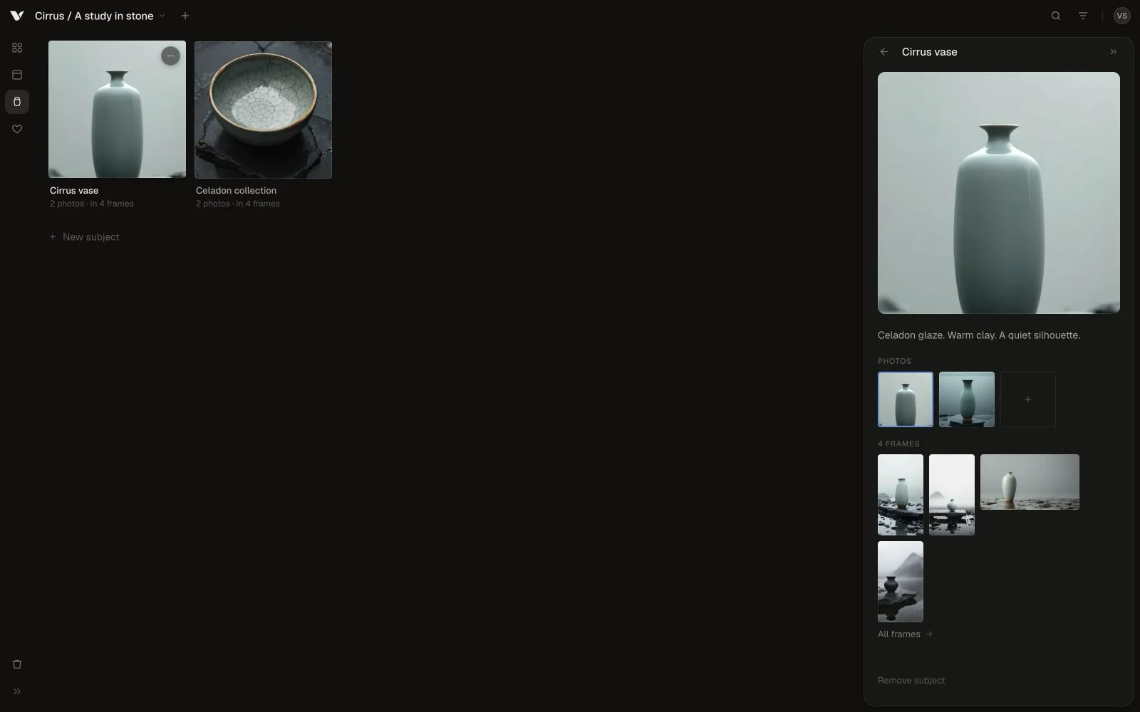 The Subjects view with a celadon vase reference open, showing its photos and note