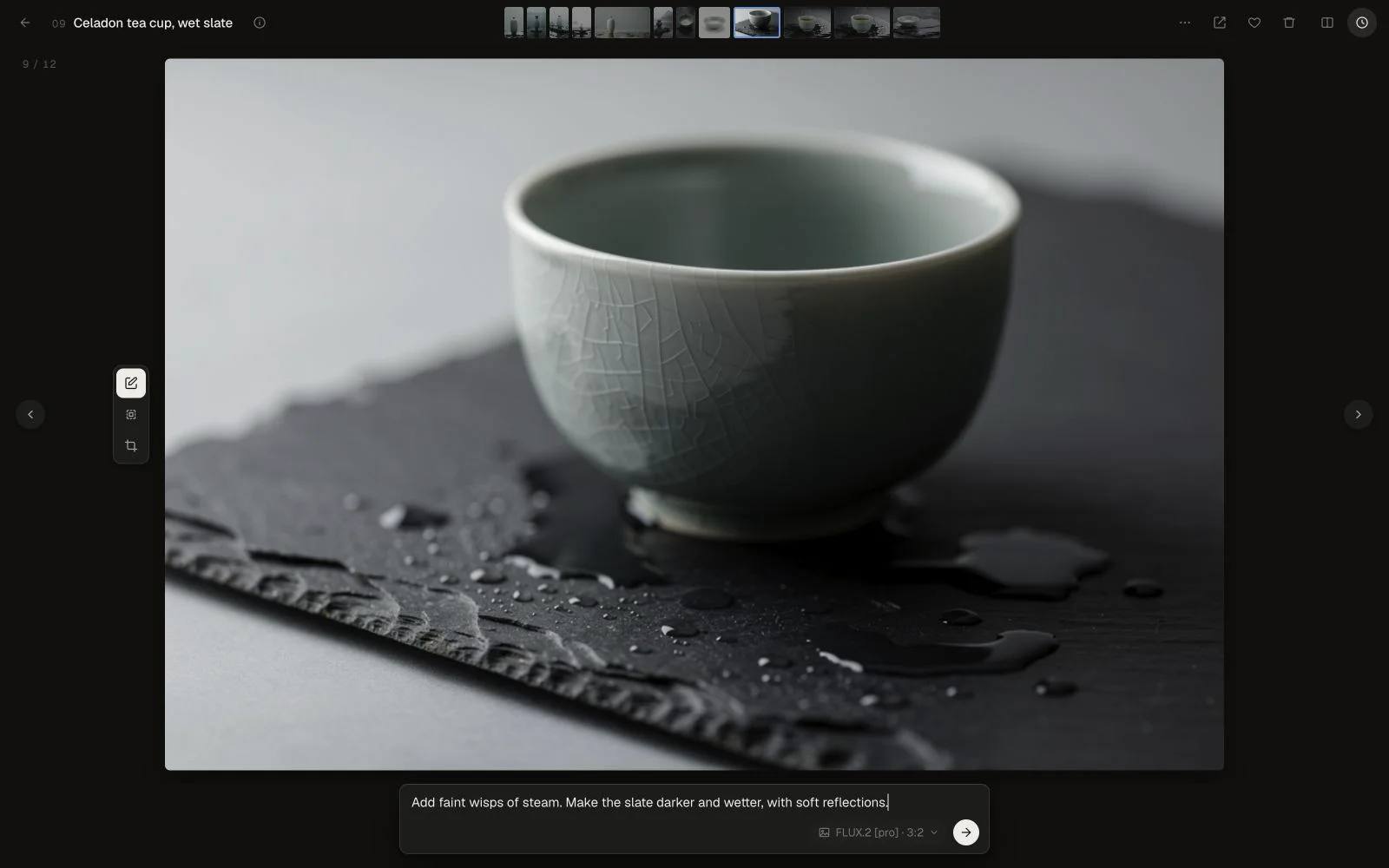 The viewer on a ceramic cup frame with an edit prompt written in the composer