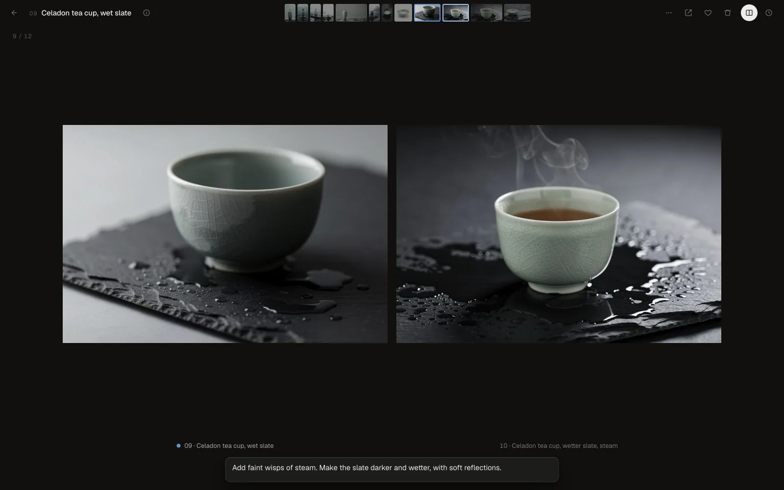 Vellum's side-by-side viewer comparing a ceramic cup before and after an edit