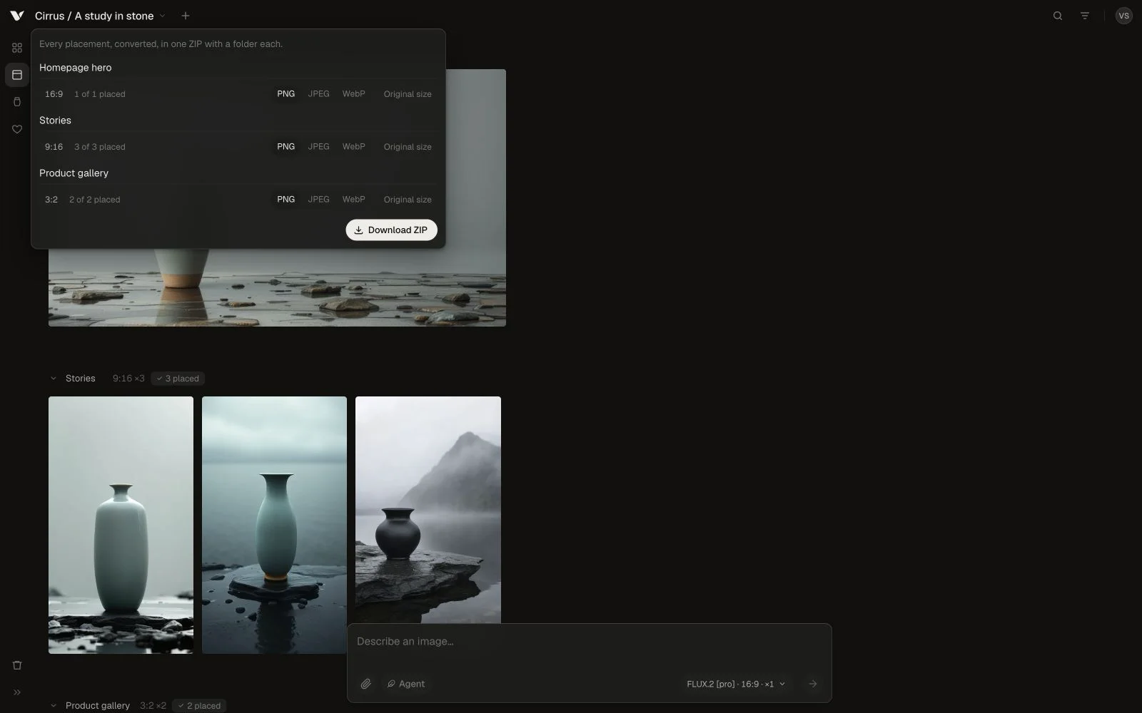 The export panel listing six placed images ready to download as a ZIP